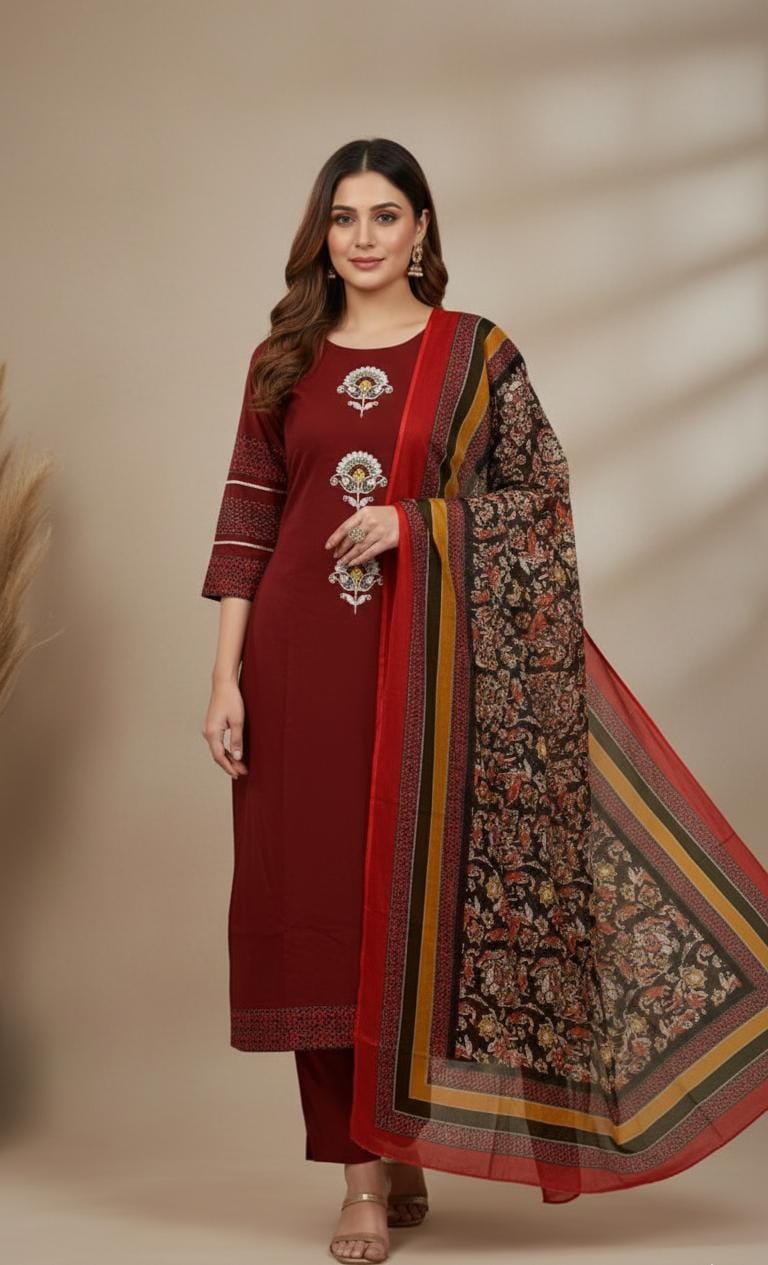 Pure Heavy Cotton Embroidered Kurti Set with Pant & Dupatta | Ethnic Wear