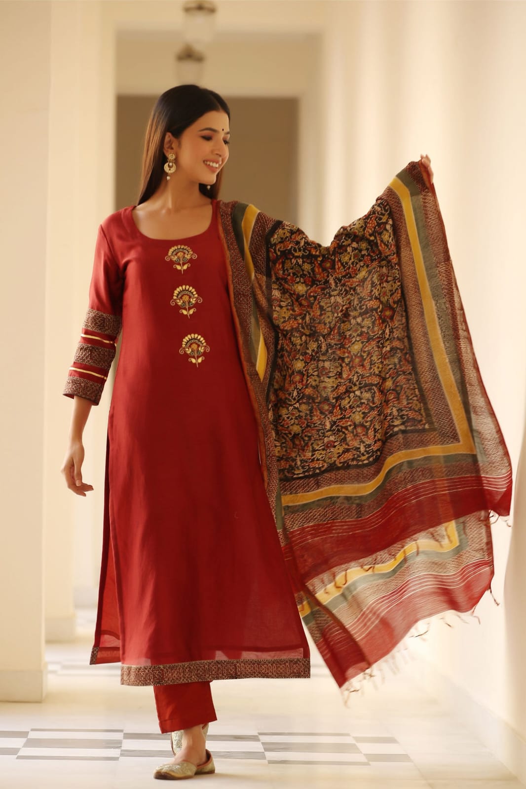 Pure Heavy Cotton Embroidered Kurti Set with Pant & Dupatta | Ethnic Wear