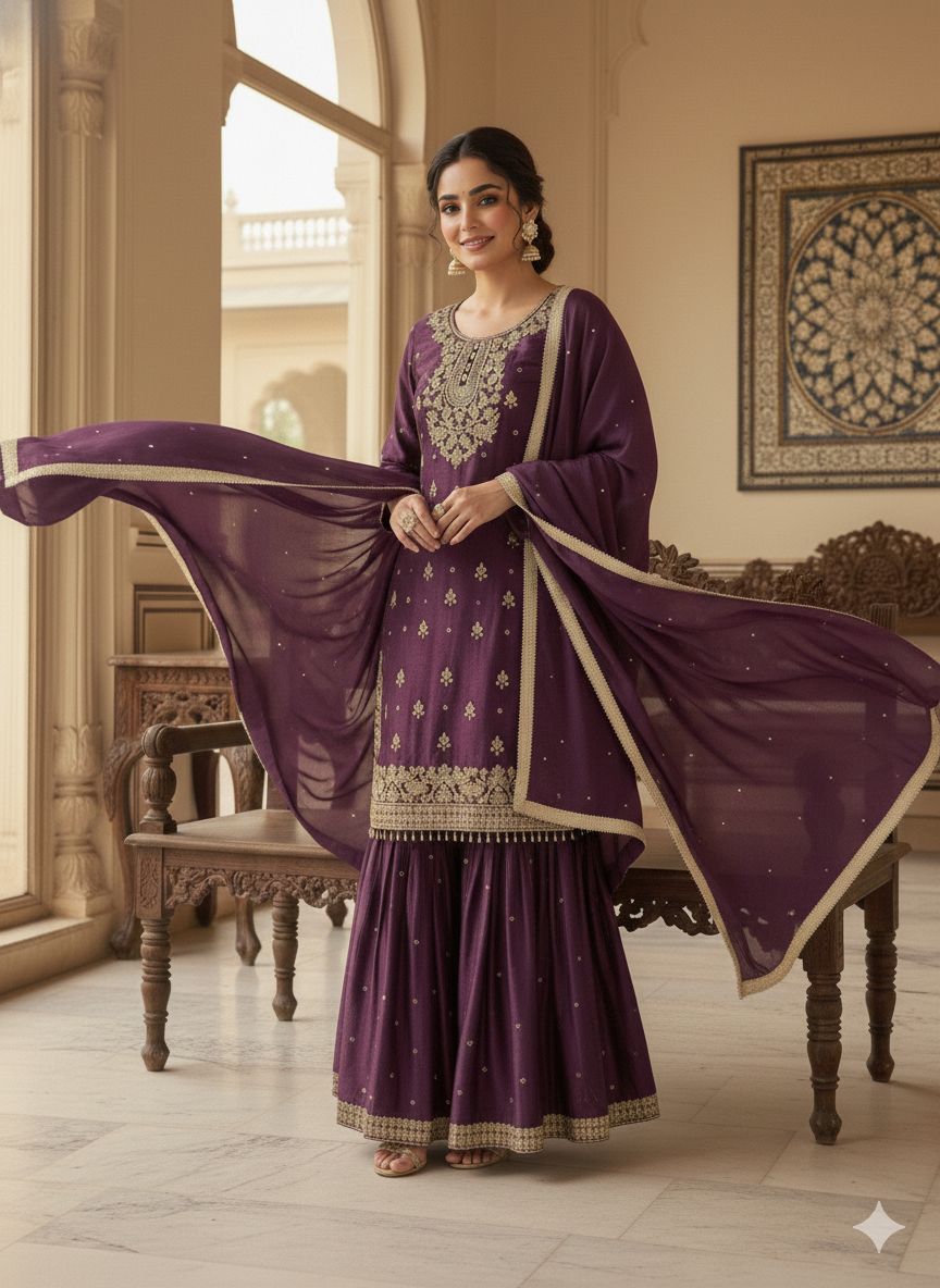 Eid Exclusive GMY Silk Sequence Embroidered Sharara Set with Dupatta | Wedding & Festive Wear