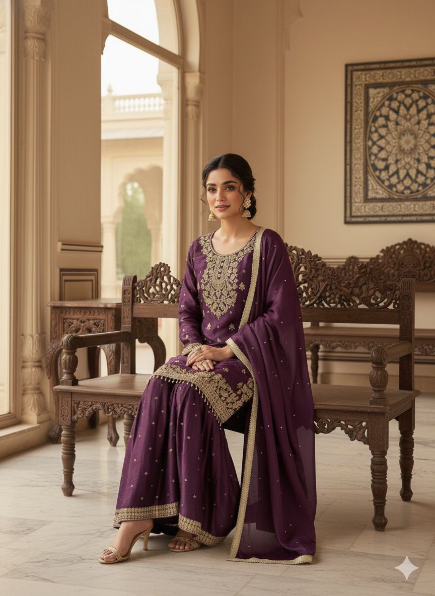 Eid Exclusive GMY Silk Sequence Embroidered Sharara Set with Dupatta | Wedding & Festive Wear