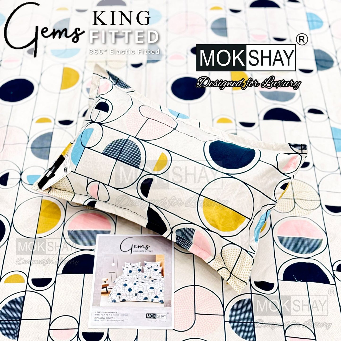 GEMS King Fitted Bedsheet Set – 3 PCS Luxury Elastic Bedsheet (1+2 Pillow Covers) | ZR