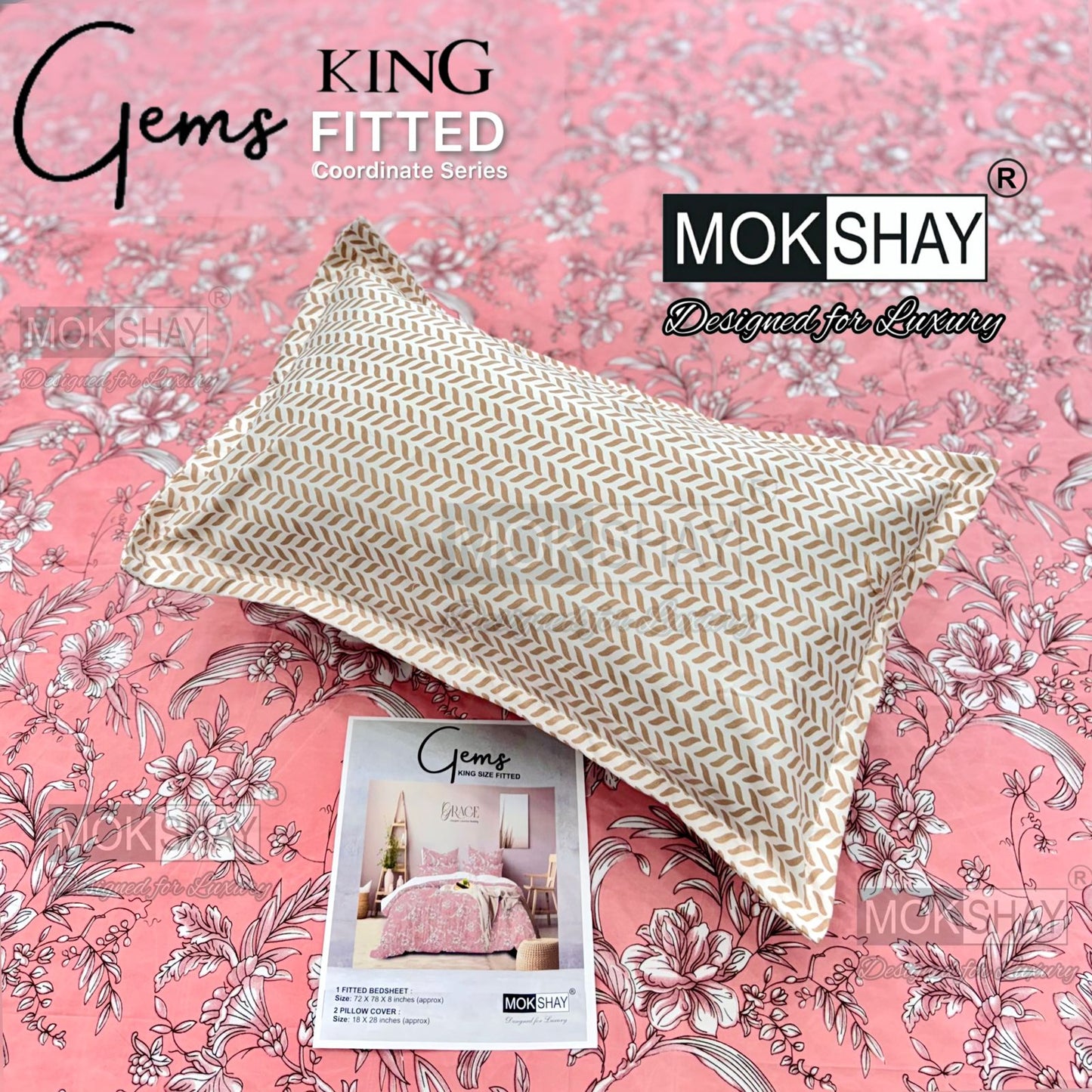 GEMS King Fitted Bedsheet Set – 3 PCS Luxury Elastic Bedsheet (1+2 Pillow Covers) | ZR