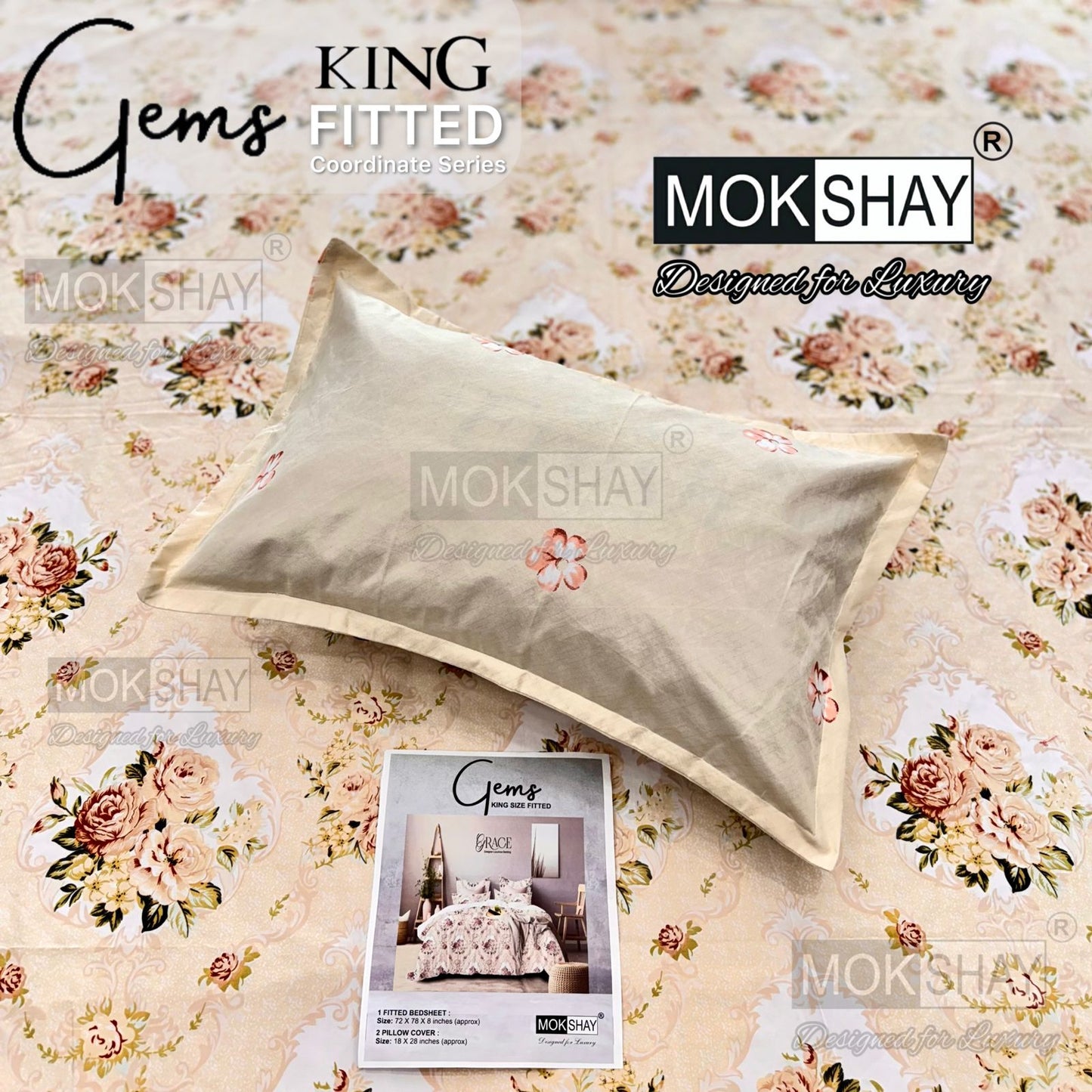 GEMS King Fitted Bedsheet Set – 3 PCS Luxury Elastic Bedsheet (1+2 Pillow Covers) | ZR