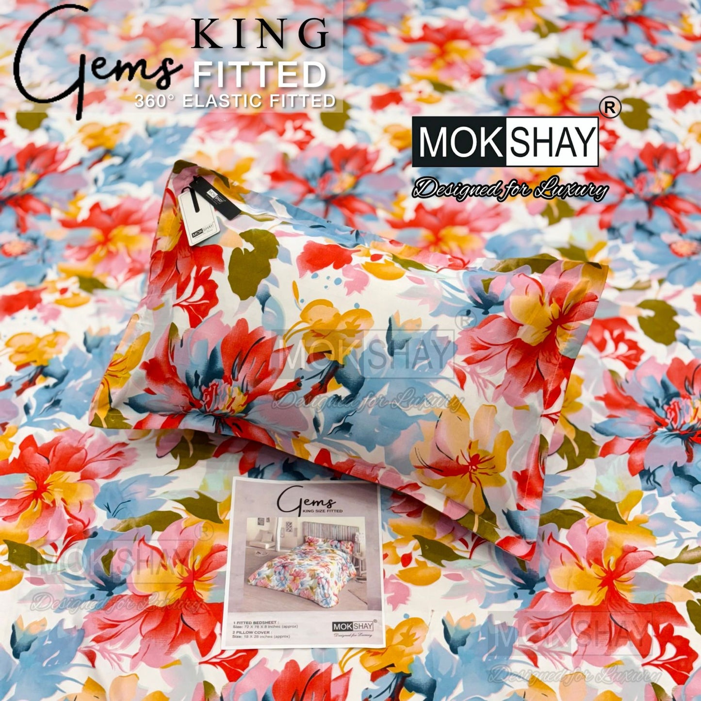 GEMS King Fitted Bedsheet Set – 3 PCS Luxury Elastic Bedsheet (1+2 Pillow Covers) | ZR