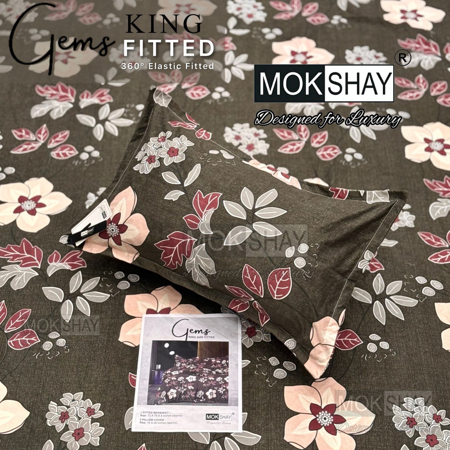 GEMS King Fitted Bedsheet Set – 3 PCS Luxury Elastic Bedsheet (1+2 Pillow Covers) | ZR