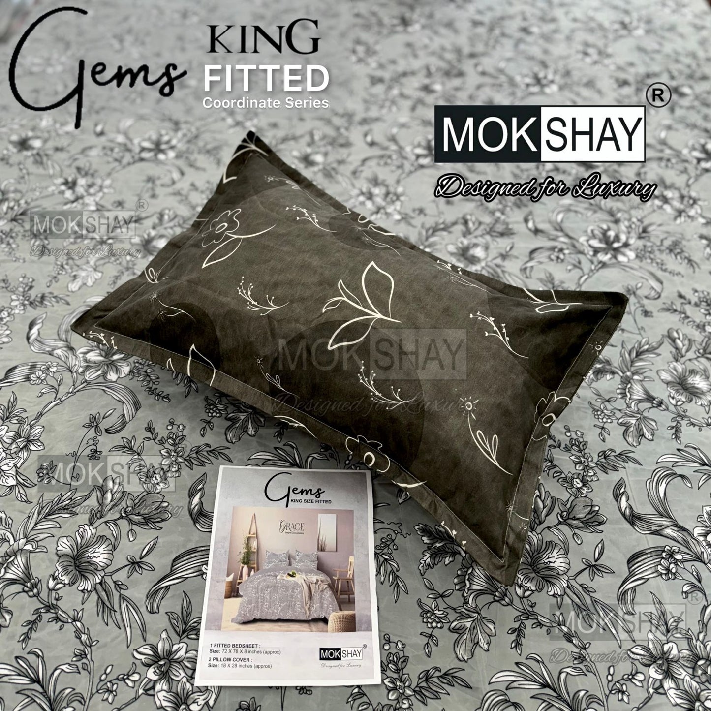 GEMS King Fitted Bedsheet Set – 3 PCS Luxury Elastic Bedsheet (1+2 Pillow Covers) | ZR