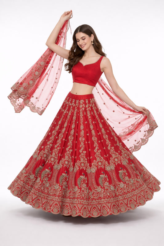 Intricate Red Floral & Paisley Semi-Stitched Lehenga – Full Hand Embroidered Festive Bridal Wear