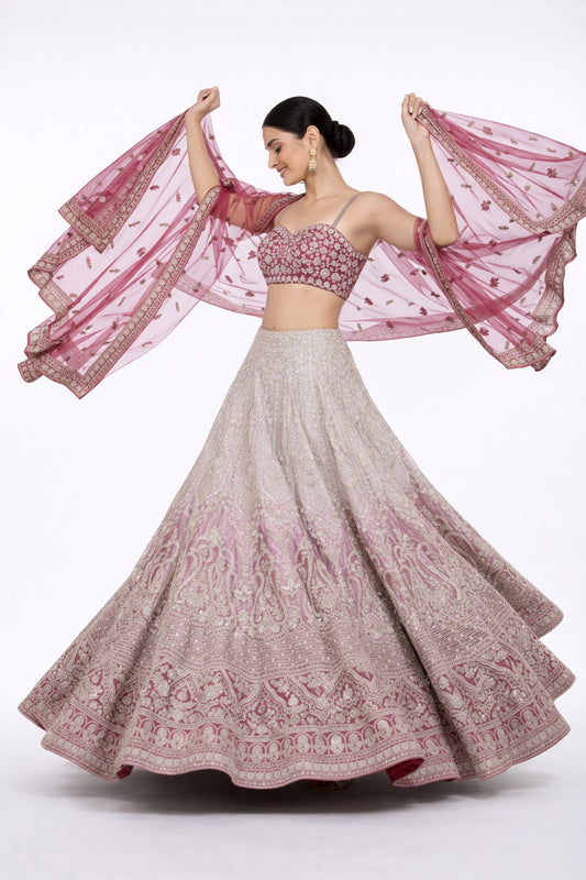 Maroon Zardozi Embroidered Lehenga Set with Sequins & Floral Motifs – Regal Bridal Ensemble
