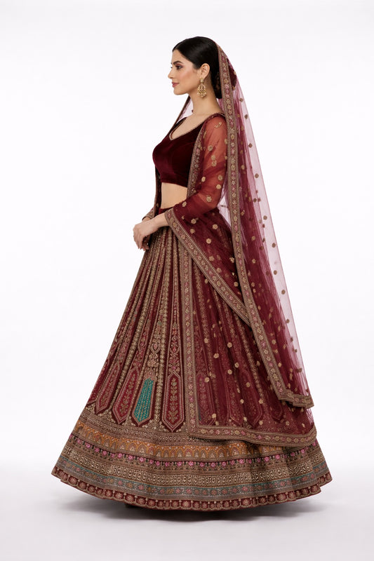 Rich Floral Embroidery Lehenga with Stone & Mirror Work – Luxury Festive Bridal Ensemble