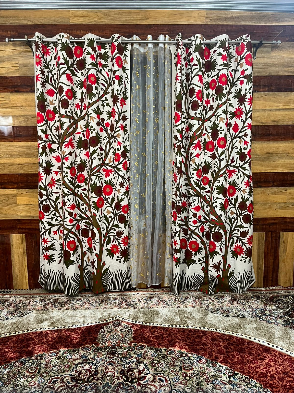 Red Tree of Life Crewel Work Kashmiri Curtain