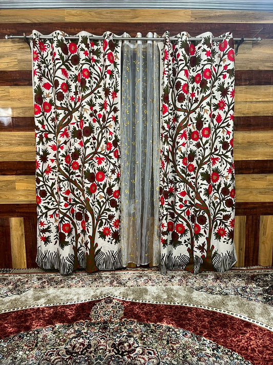 Red Tree of Life Crewel Work Kashmiri Curtain