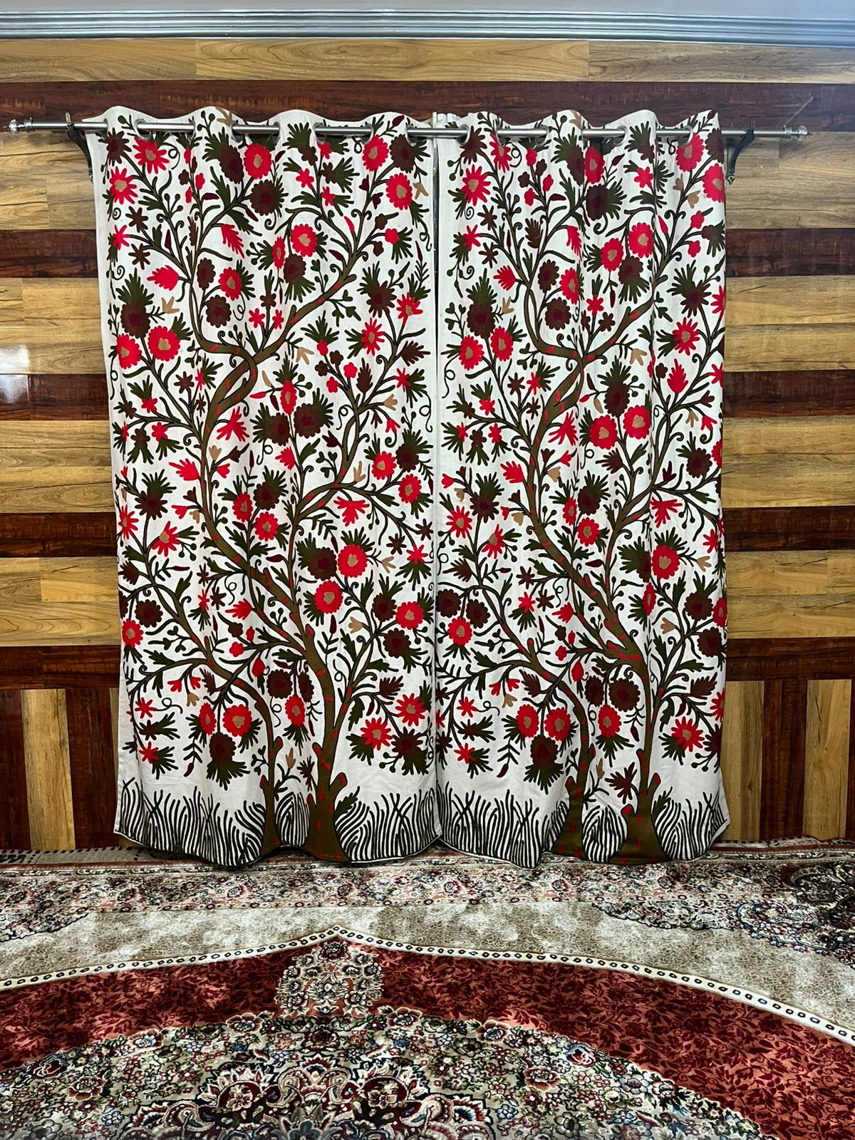 Red Tree of Life Crewel Work Kashmiri Curtain