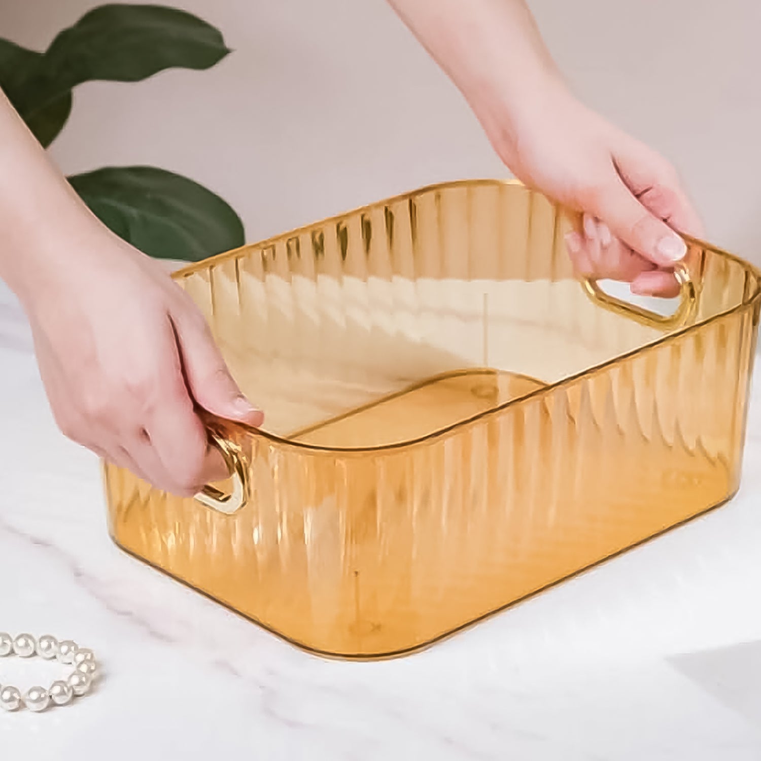 Premium Ribbed Transparent Storage Basket With Gold Handle  Multipurpose Kitchen Amp Home Organizer Box (25x14cm  4 Pc)