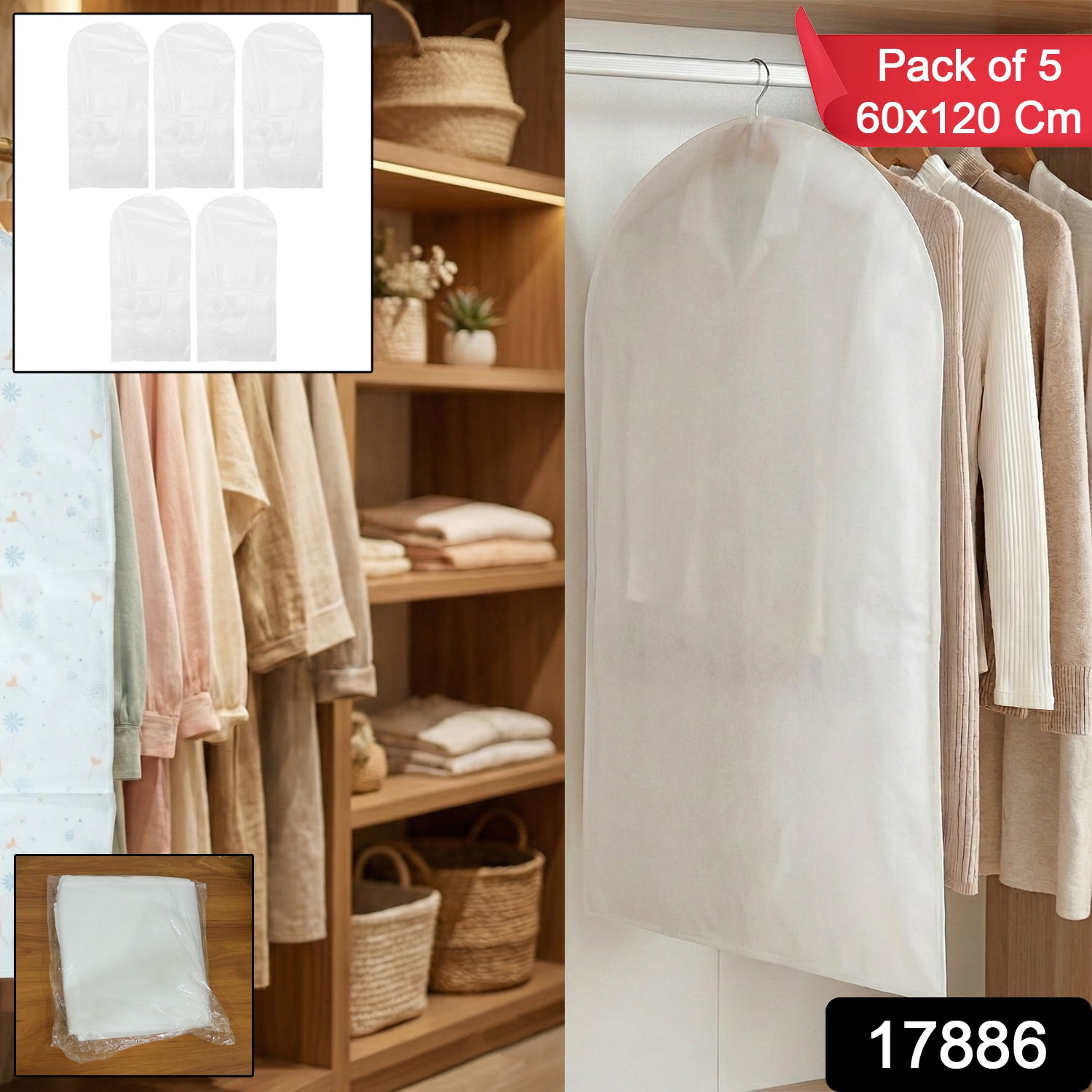 Pack Of 5 Hanging Garment Cover Bags For Wardrobe (60  120 Cm)