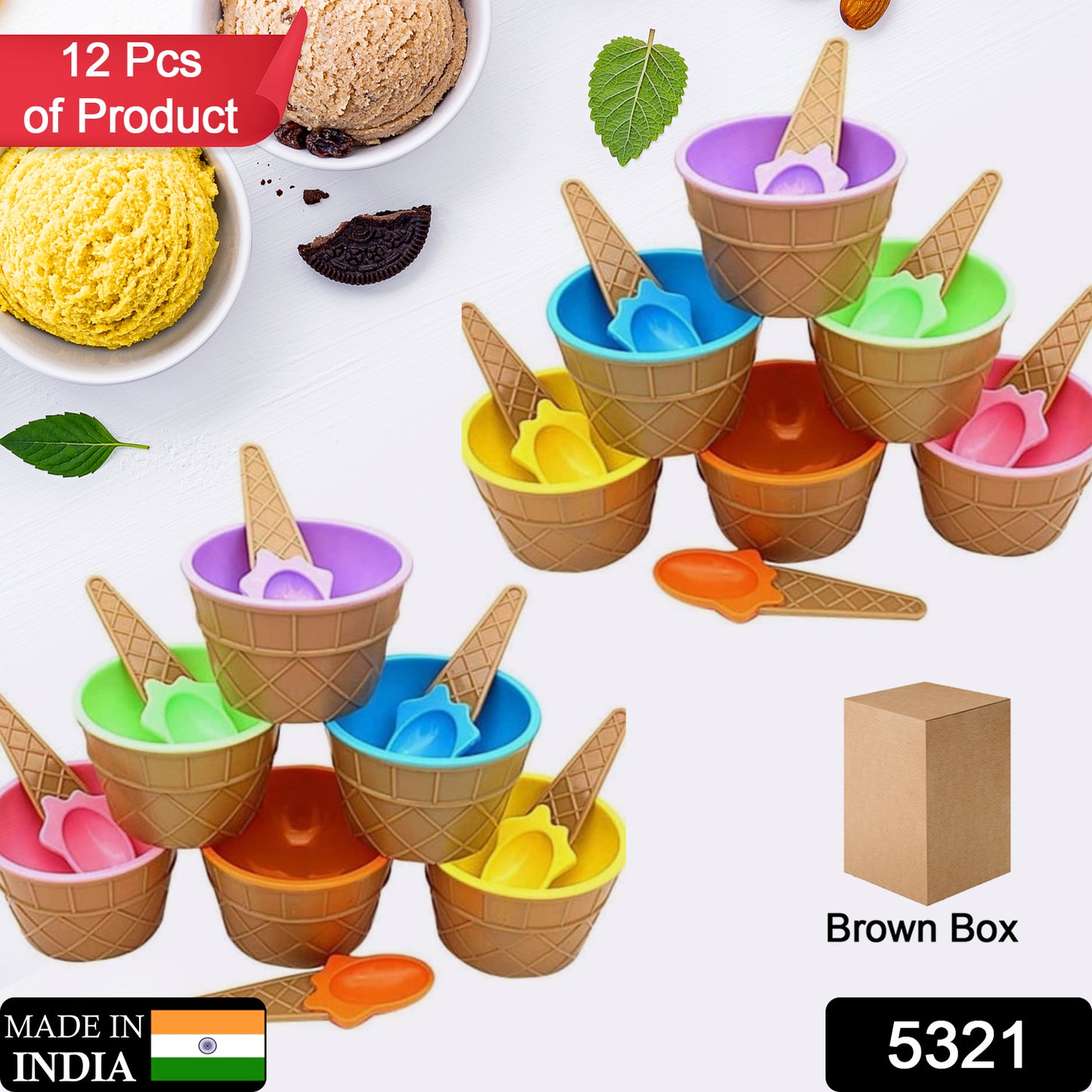 5321  Ice Cream Bowl  Spoon Set Plastic Solid Colour Cream Cup Couple Bowl With Spoon. Ice Cream Spoon  Bowl Set 12 Pc Set Of Ice Cream Bowl  Spoon (Multi Color)