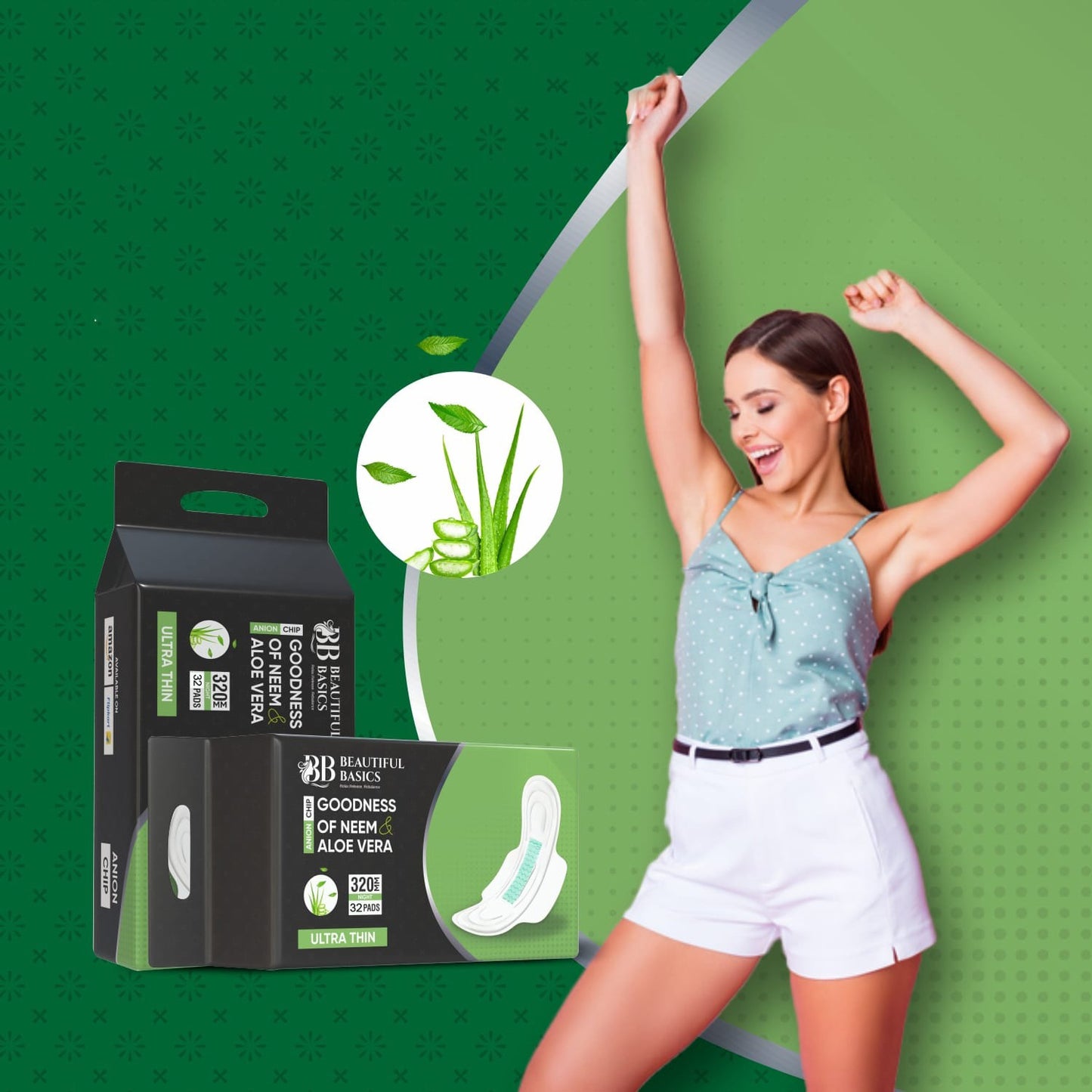 0982 Sanitary Pads For Women With Goodness Of Neem  Aloe Vera  Ultra Thin  Leakage Protection  Ph Balance  With Antibacterial Anion Chip  5x More Absorbance (320 Mm  32 Pads)