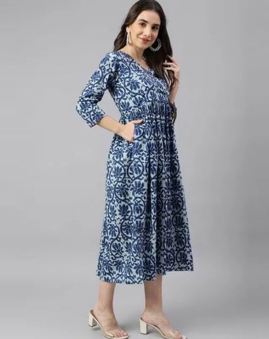 Blue Printed Cotton Midi Dress for Women | Everyday Elegant Wear