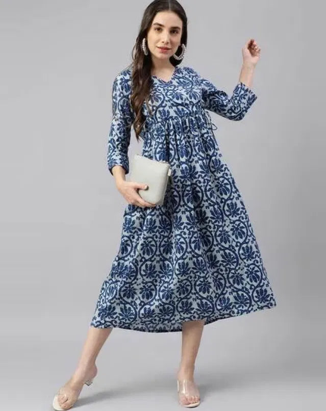 Blue Printed Cotton Midi Dress for Women | Everyday Elegant Wear