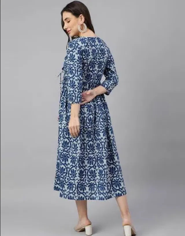 Blue Printed Cotton Midi Dress for Women | Everyday Elegant Wear