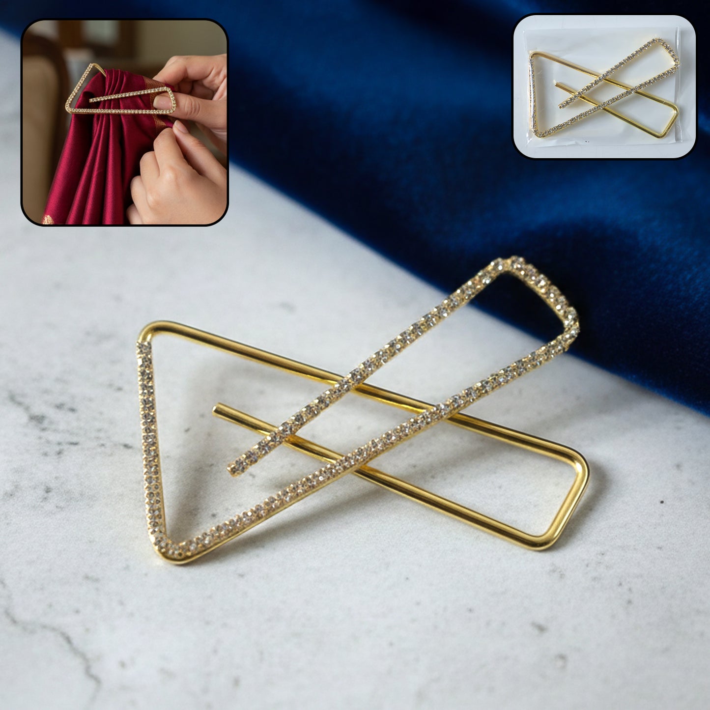 Premium Golden Crystal Triangle Saree Safety Pin Brooch (1 Pc)