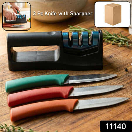 Multipurpose Kitchen Knife Set With Knife Sharpener (3 Pc Knife With Sharpener)
