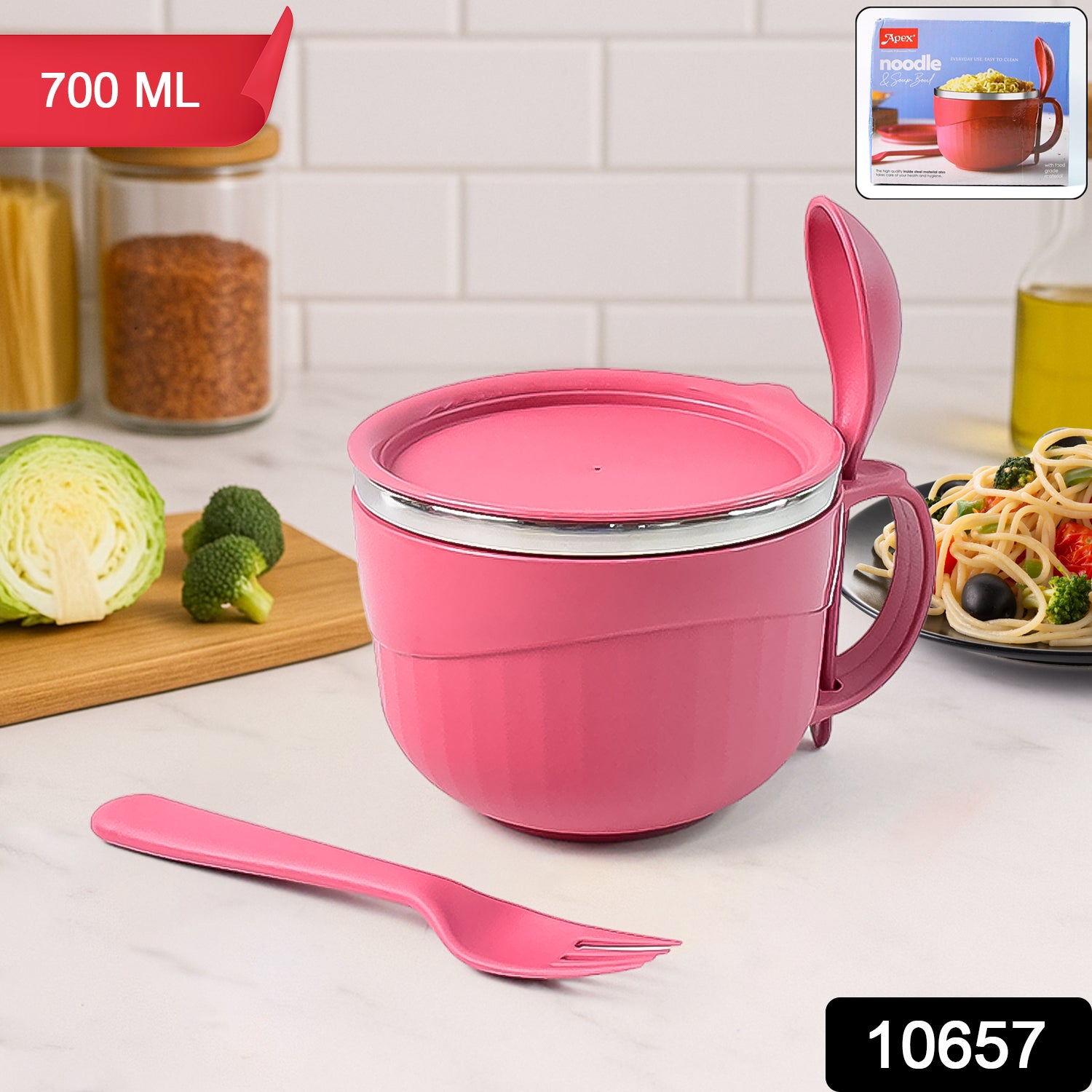 Apex Premium 700 Ml Multipurpose Noodle Bowl With Handle Lid And Fork