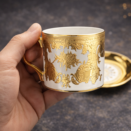 Queens Bone China Luxury Cup & Saucer Set – Gold Finish