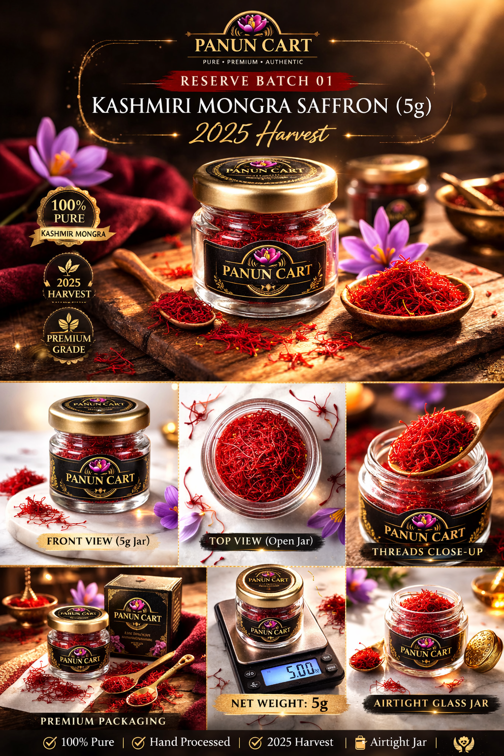 Panun Cart Reserve™ Premium Kashmiri Mongra Saffron (5g) – 2025 Harvest | 100% Pure Hand-Processed Kesar | Luxury Airtight Glass Jar
₹2,699