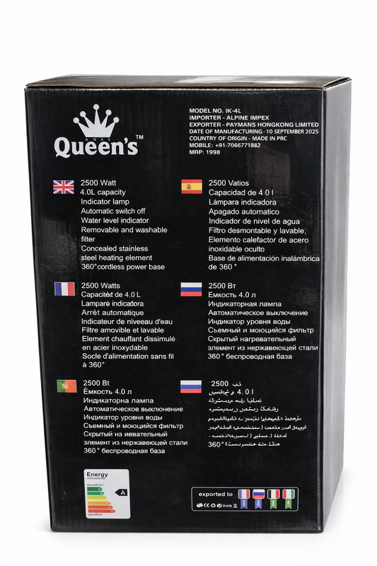 Queen’s Electric Kettle 4L IK-4L 2500W Fast Boiling Large Capacity Electric Kettle with Auto Shut Off 360° Swivel Base BPA Free Interior Black Red)