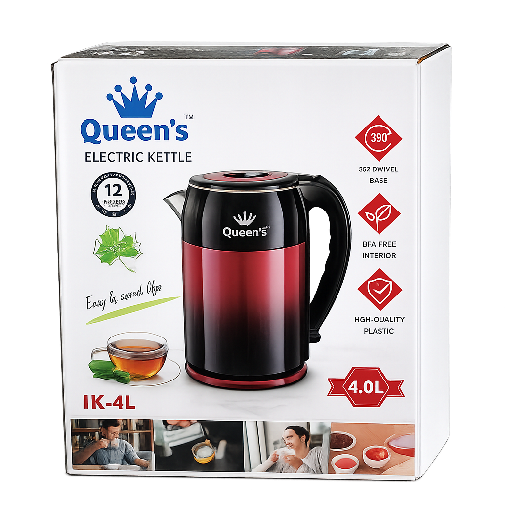 Queen’s Electric Kettle 4L IK-4L 2500W Fast Boiling Large Capacity Electric Kettle with Auto Shut Off 360° Swivel Base BPA Free Interior Black Red)