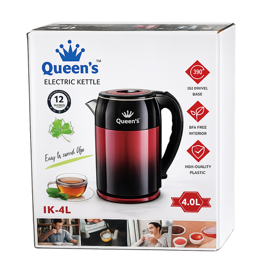 Queen’s Electric Kettle 4L IK-4L 2500W Fast Boiling Large Capacity Electric Kettle with Auto Shut Off 360° Swivel Base BPA Free Interior Black Red)