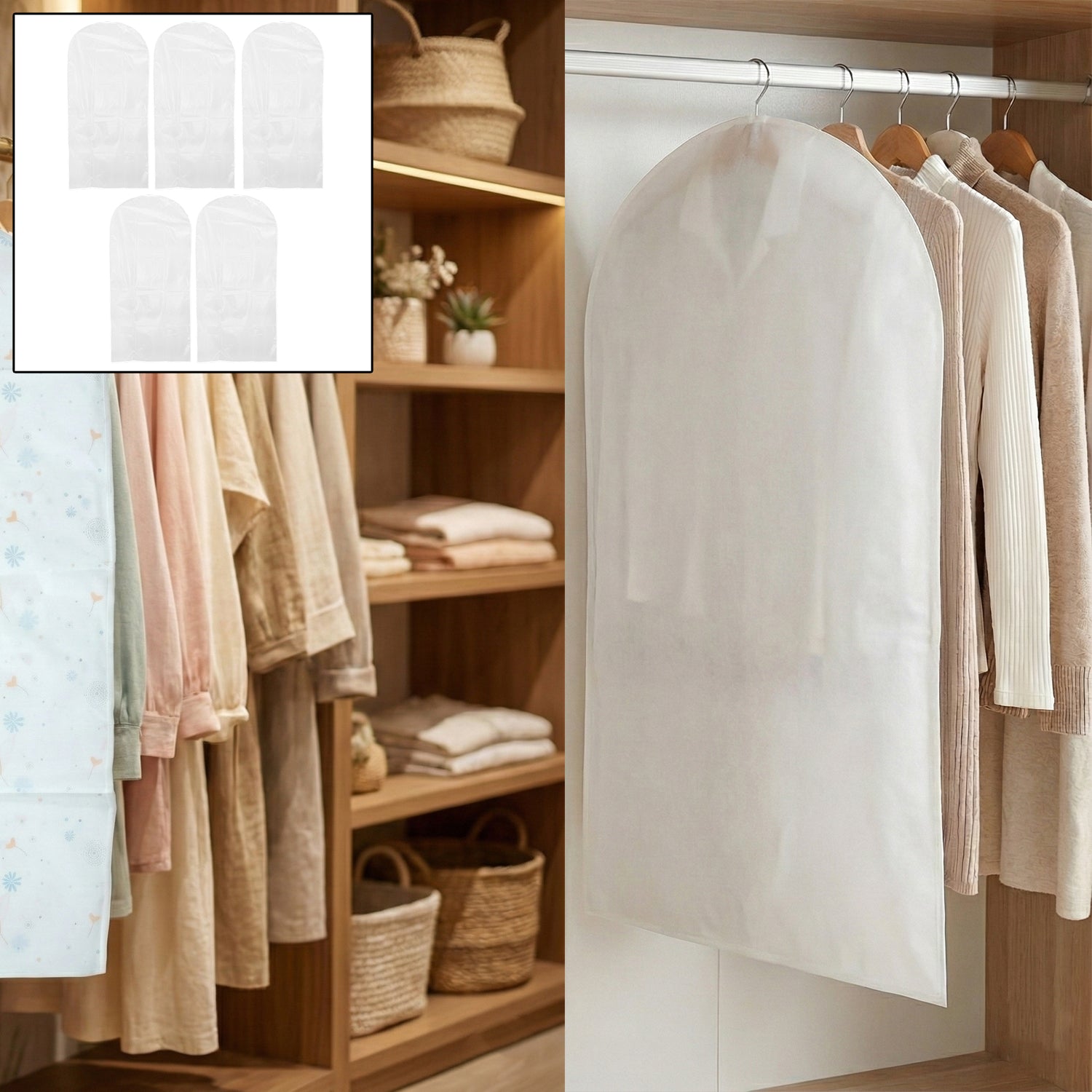 Pack Of 5 Hanging Garment Cover Bags For Wardrobe (60  120 Cm)