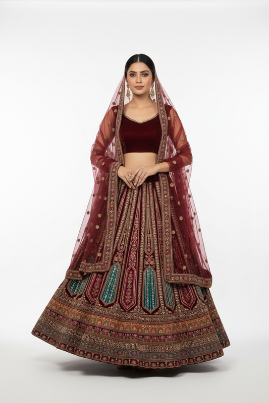 Rich Floral Embroidery Lehenga with Stone & Mirror Work – Luxury Festive Bridal Ensemble