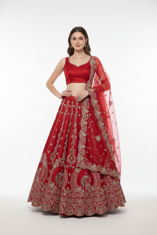 Intricate Red Floral & Paisley Semi-Stitched Lehenga – Full Hand Embroidered Festive Bridal Wear