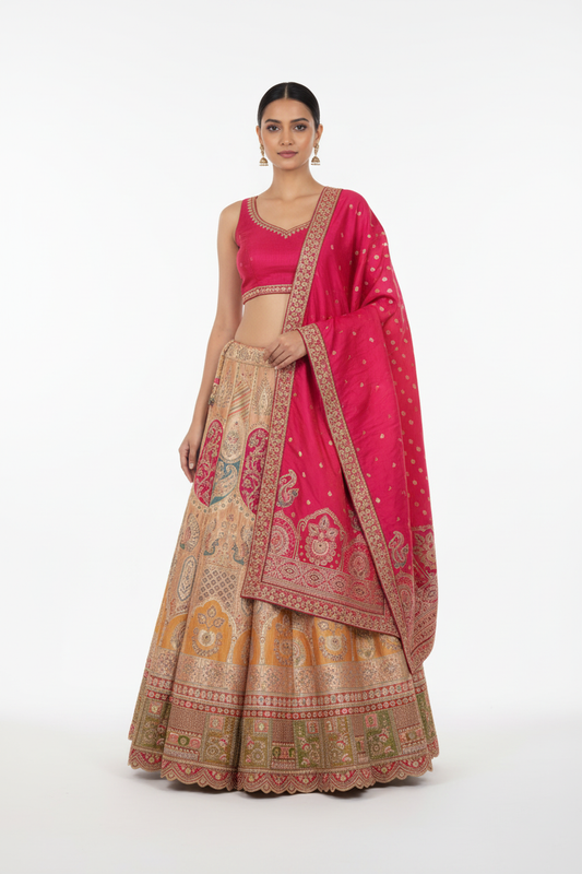 Intricate Paisley Embroidered Lehenga Set for Women – Mustard Yellow & Red Designer Bridal / Festive Wear with Pink Dupatta | Heritage Ethnic Wedding Outfit