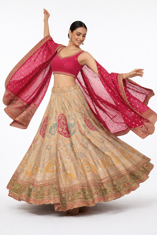 Intricate Paisley Embroidered Lehenga Set for Women – Mustard Yellow & Red Designer Bridal / Festive Wear with Pink Dupatta | Heritage Ethnic Wedding Outfit
