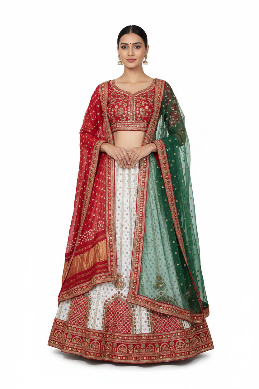 White Red Gold Bandhani Embroidered Lehenga Set for Women – Intricate Woven Bridal Designer Outfit with Gold Thread Work & Traditional Dupatta