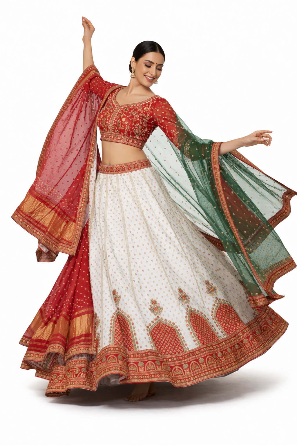 White Red Gold Bandhani Embroidered Lehenga Set for Women – Intricate Woven Bridal Designer Outfit with Gold Thread Work & Traditional Dupatta