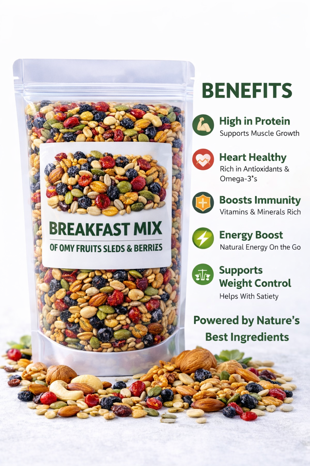 KASMEER WALA Healthy Breakfast Mix with Nuts, Seeds & Berries – High Protein Superfood Blend 500g