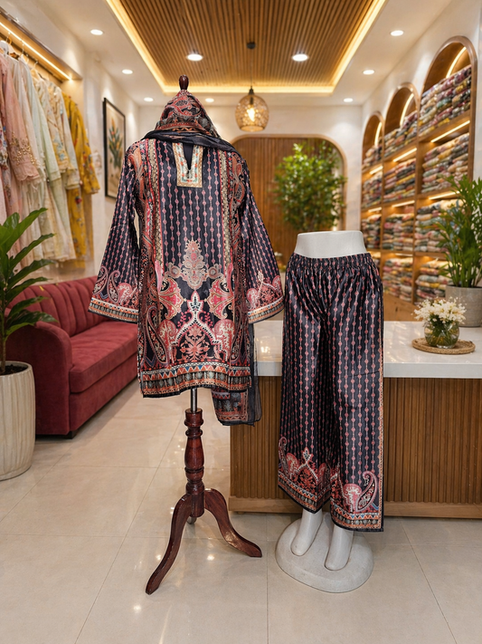 Luxury 3 Piece Turkish Satin Cord Set for Women | Premium Silky Smooth Fabric | Designer Printed Kurta, Pant & Dupatta | Elegant Party & Casual Wear Suit