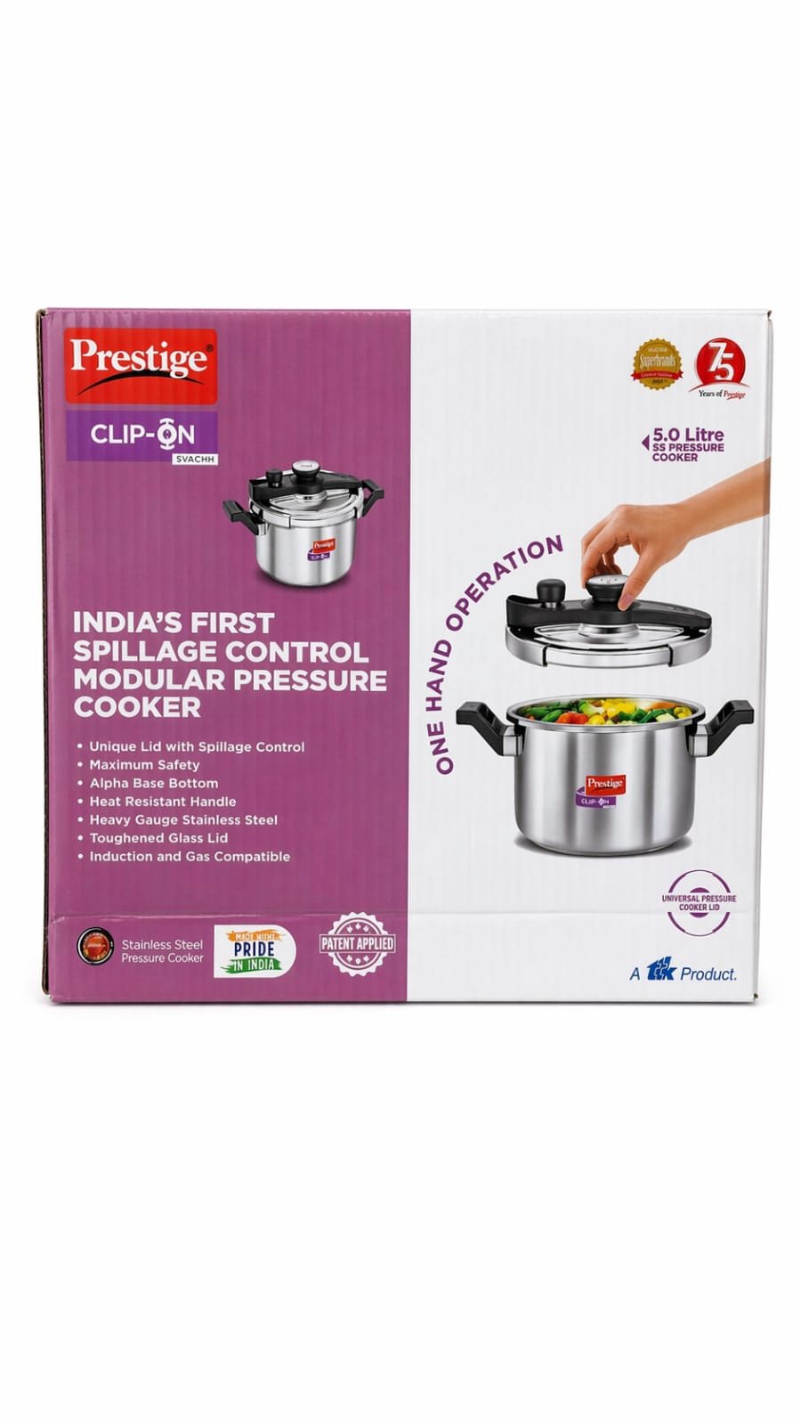 Prestige 2-in-1 Clip-On Pressure Cooker 5L with Glass Lid | Stainless Steel | Induction & Gas Compatible