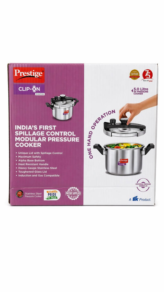 Prestige 2-in-1 Clip-On Pressure Cooker 5L with Glass Lid | Stainless Steel | Induction & Gas Compatible