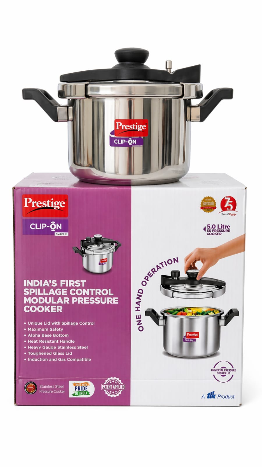 Prestige 2-in-1 Clip-On Pressure Cooker 5L with Glass Lid | Stainless Steel | Induction & Gas Compatible