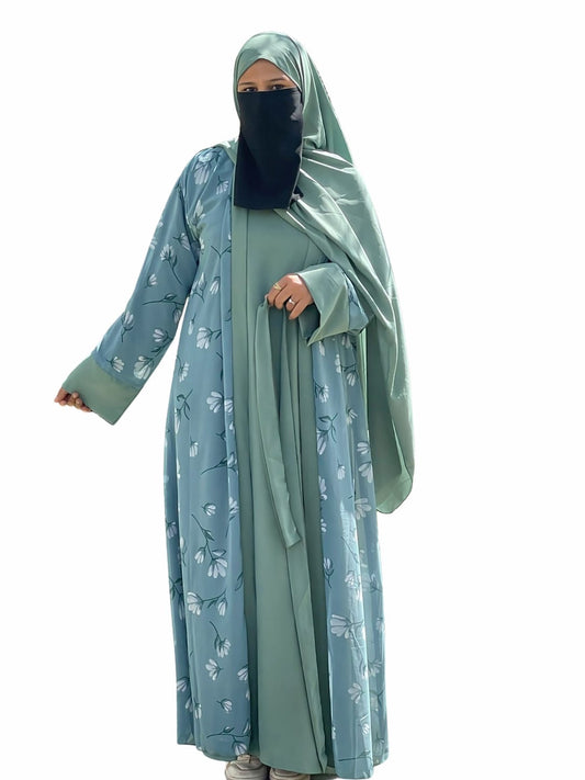 Sky Blue Printed Shrug 4-Piece Abaya Set for Women – Premium Modest Wear