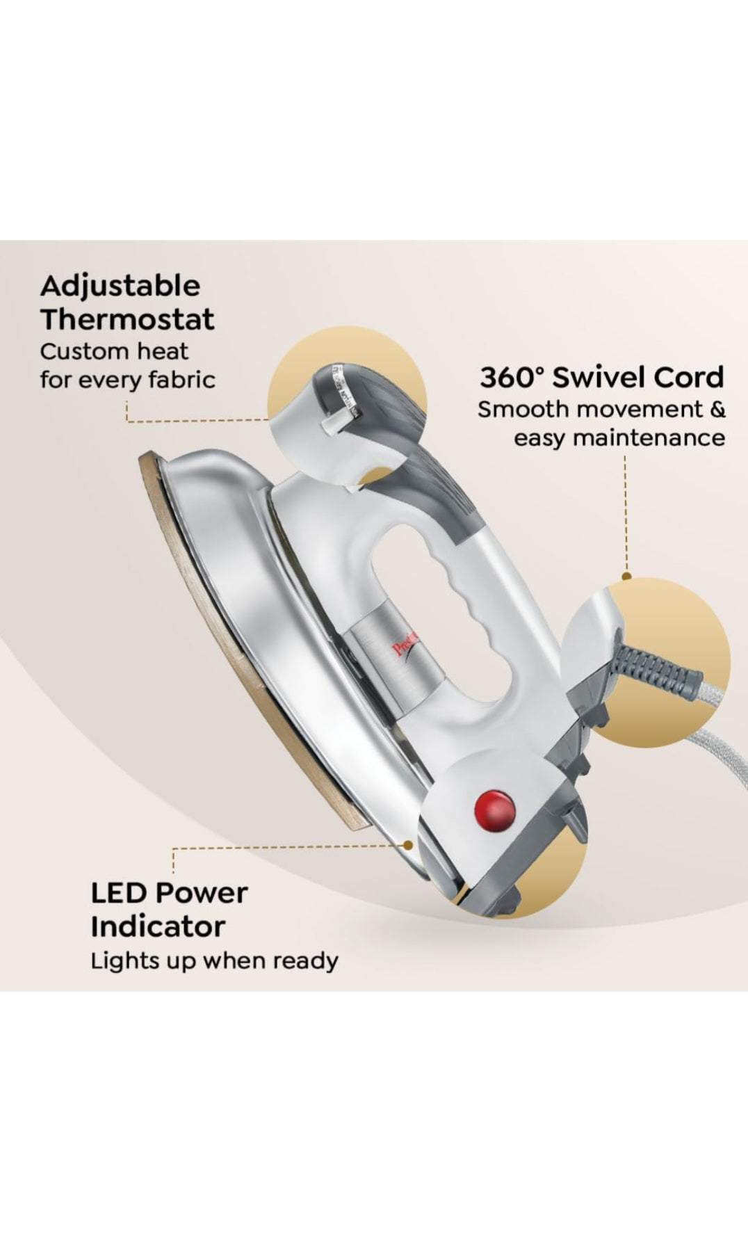 Heavyweight Dry Iron PDI 06 with Greblon Coated Soleplate | LED Indicator | 2-Year Warranty