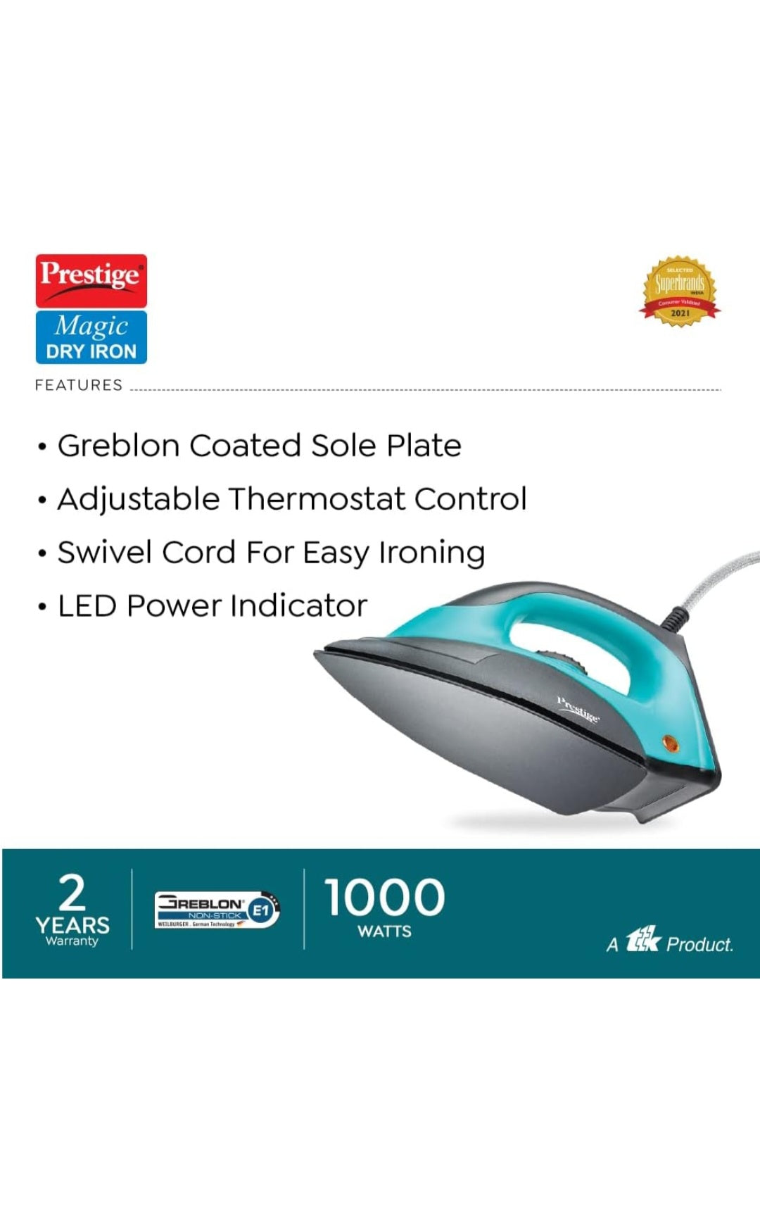 Prestige Magic Dry Iron PDI 07 | Greblon Coated Soleplate | LED Indicator | 2-Year Warranty