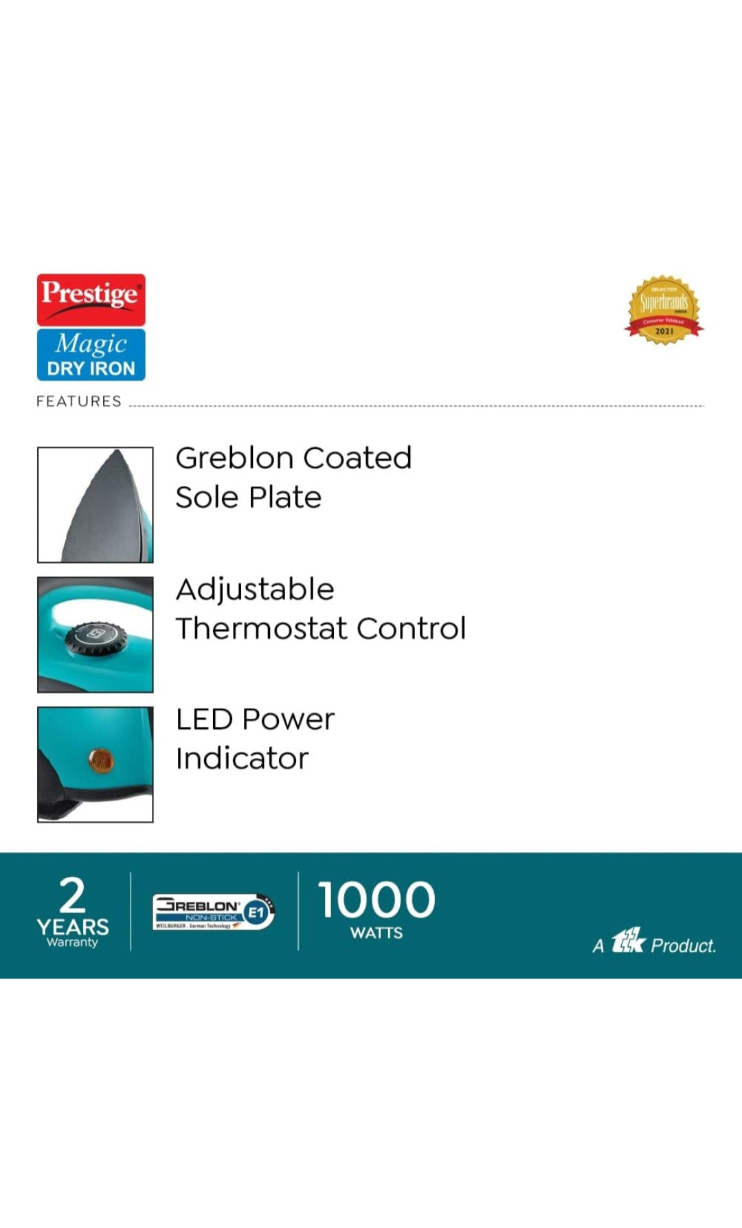 Prestige Magic Dry Iron PDI 07 | Greblon Coated Soleplate | LED Indicator | 2-Year Warranty