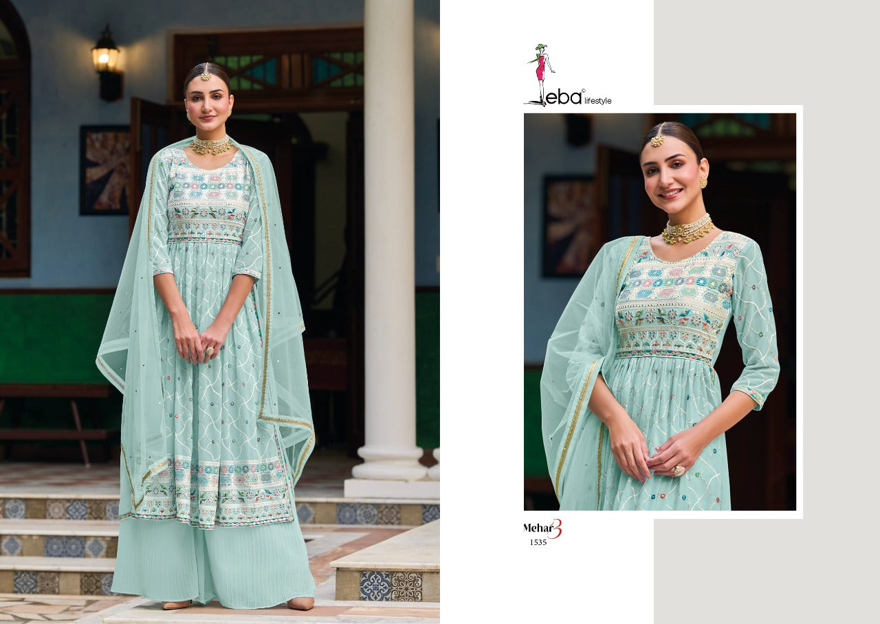 Embroidered Faux Georgette Kurta Set with Plazo & Heavy Net Dupatta