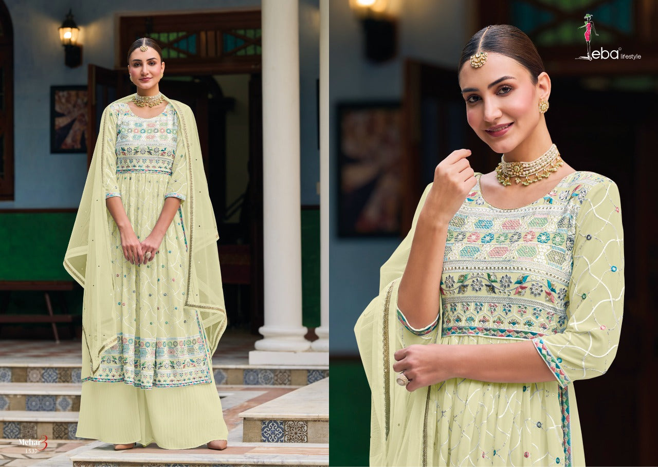Embroidered Faux Georgette Kurta Set with Plazo & Heavy Net Dupatta