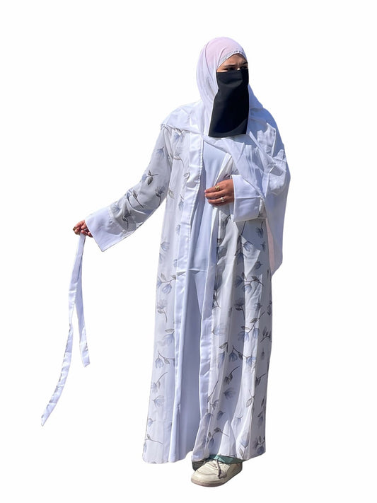 ✨ New Arrival – 4 Piece Premium Abaya Set ✨White Printed Shrug 4-Piece Premium Abaya Set for Women